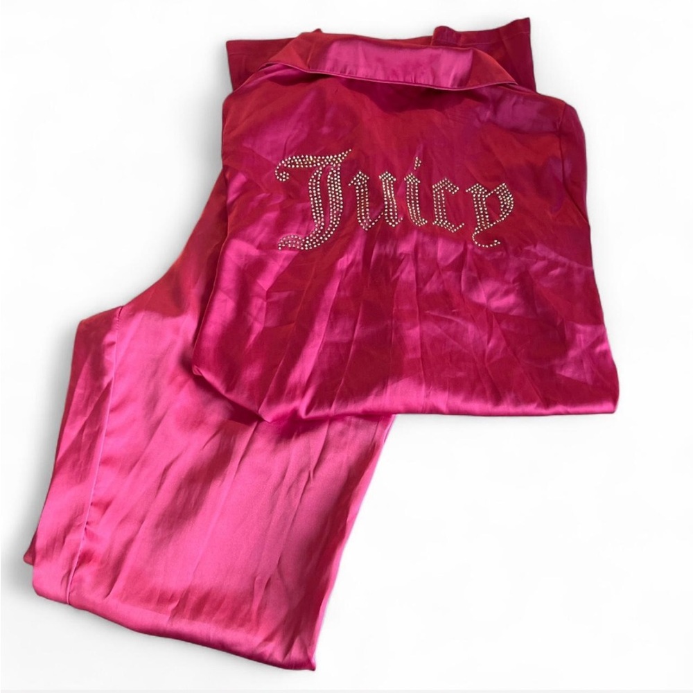 Juicy Couture Pink Long Sleeve Satin Rhinestone Pajama Set - Picture 3 of 4
